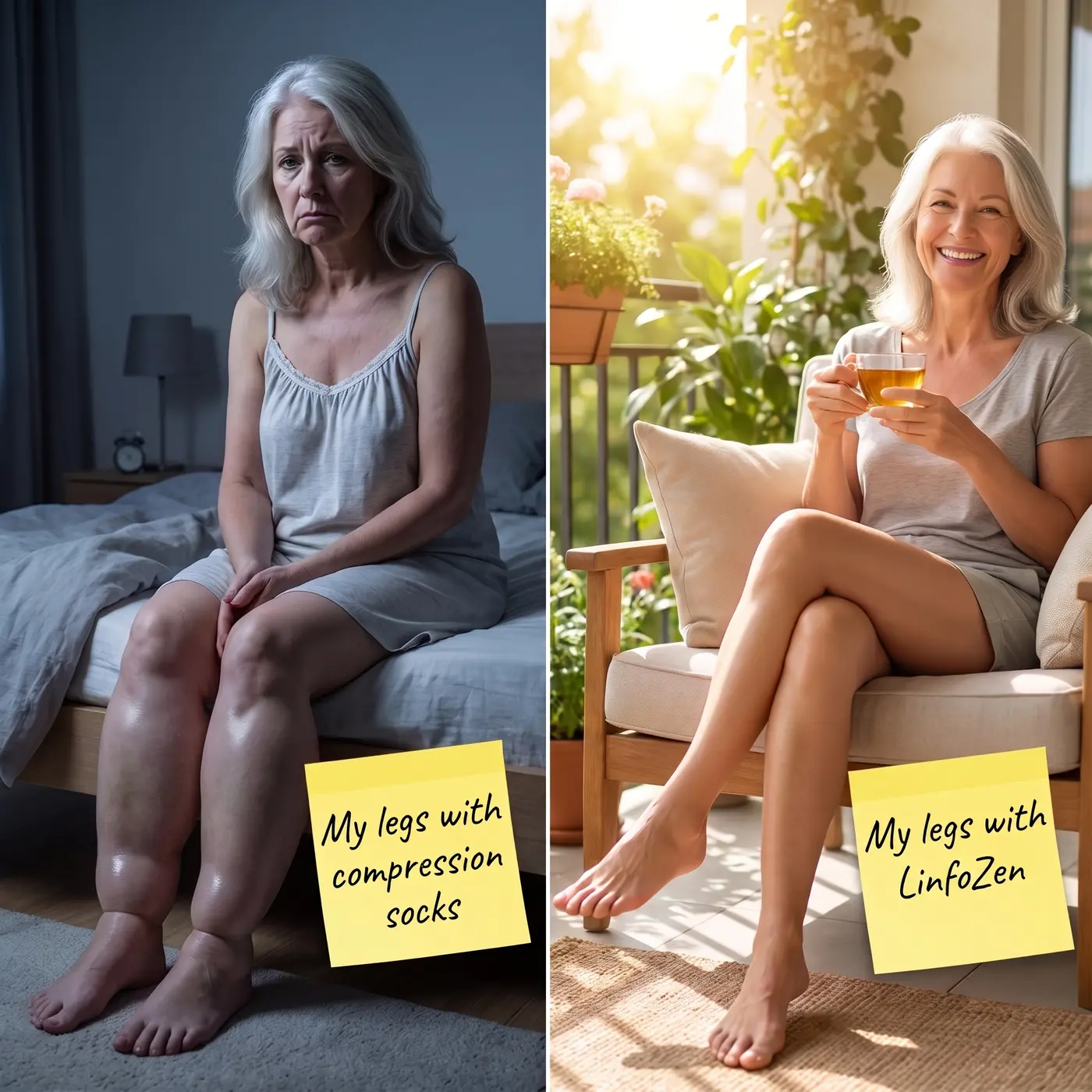 Illustrated side-by-side comparison of legs with compression socks and with Linfozen